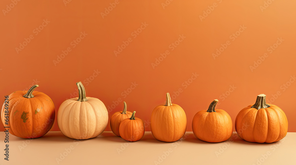 A group of pumpkins on a tan background or wallpaper A group of pumpkins on a tan background or wallpaper