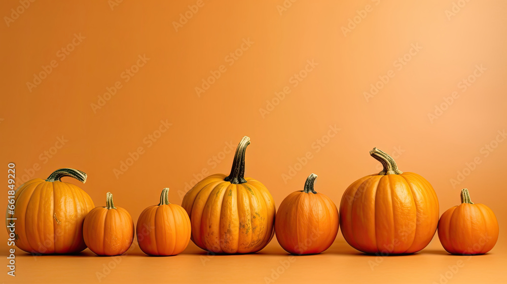 A group of pumpkins on a tan background or wallpaper A group of pumpkins on a tan background or wallpaper