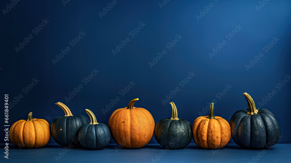 A group of pumpkins on a dark blue background or wallpaper A group of pumpkins on a dark blue background or wallpaper