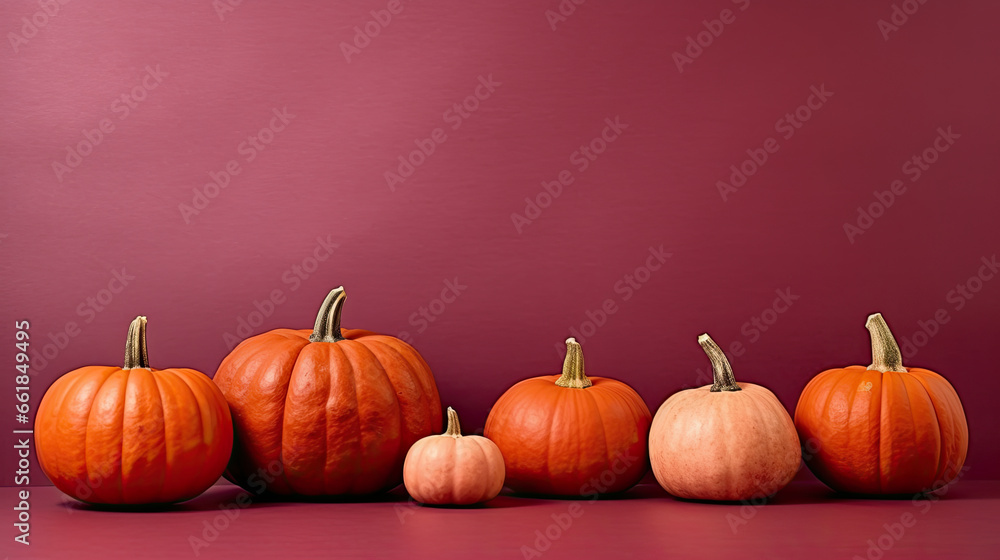 A group of pumpkins on a light maroon background or wallpaper A group of pumpkins on a light maroon background or wallpaper