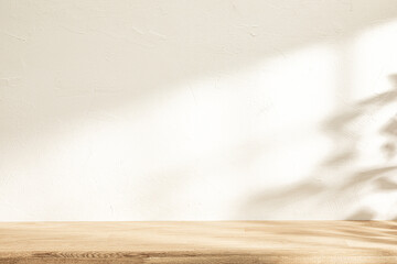 Cozy kitchen background for product presentation with light stone wall and wooden table, countertop or shelf