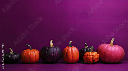 A group of pumpkins on a dark magenta background or wallpaper