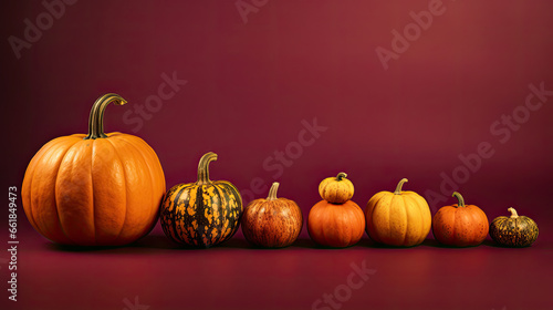 A group of pumpkins on a light maroon background or wallpaper