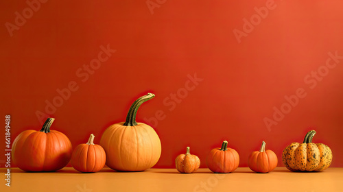 A group of pumpkins on a light red background or wallpaper