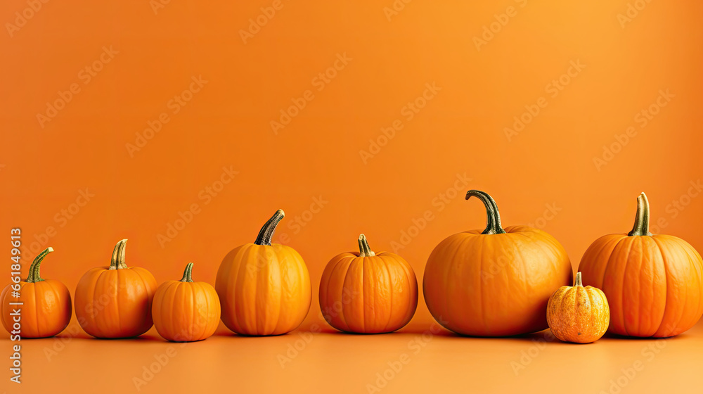 A group of pumpkins on a vivid orange background or wallpaper A group of pumpkins on a vivid orange background or wallpaper