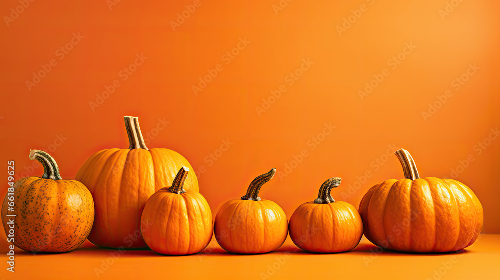 A group of pumpkins on a vivid orange background or wallpaper A group of pumpkins on a vivid orange background or wallpaper