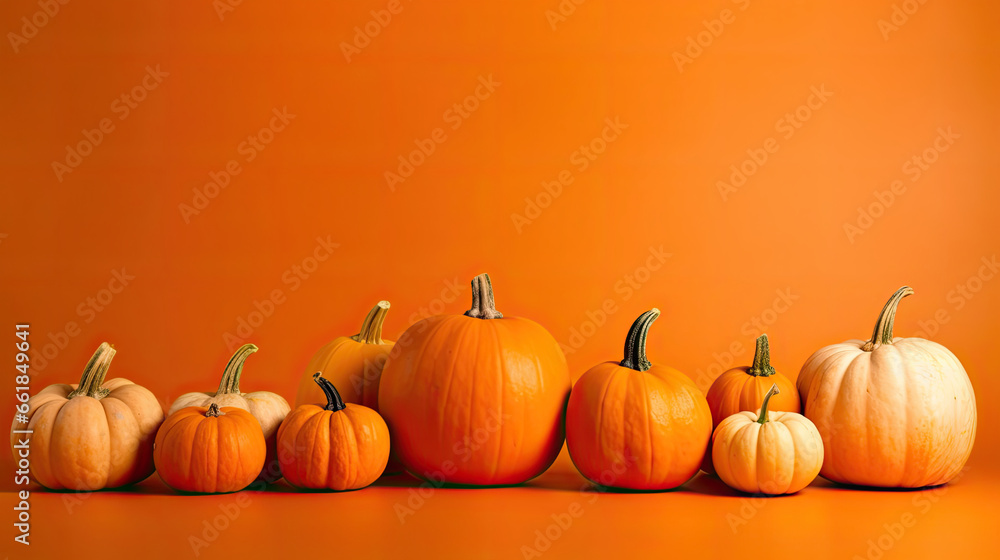 A group of pumpkins on a vivid orange background or wallpaper A group of pumpkins on a vivid orange background or wallpaper