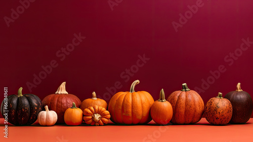 A group of pumpkins on a vivid maroon background or wallpaper