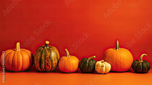 A group of pumpkins on a vivid red background or wallpaper