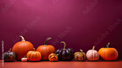 A group of pumpkins on a vivid maroon background or wallpaper