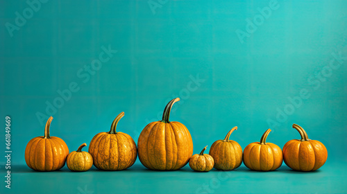 A group of pumpkins on a vivid cyan background or wallpaper