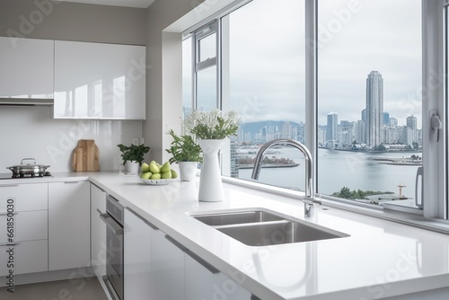 Interior of modern classic white kitchen with marble countertop and beautiful city view from window.