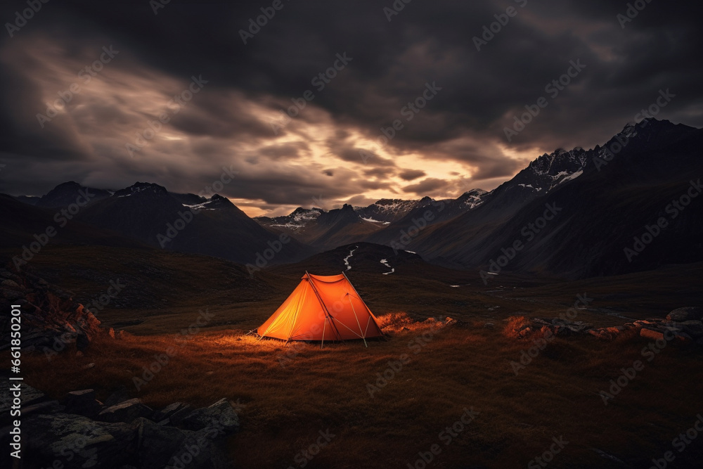 Immerse yourself in the tranquility of nature with a radiant tent illuminating the mountain night. Ai generated