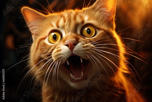 Portrait of a ginger cat with open mouth on a dark background
