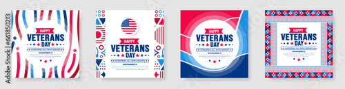 happy Veterans Day social media post banner design template set with american flag. Honoring all who served. background, banner, placard, card, and poster design template. Vector illustration.