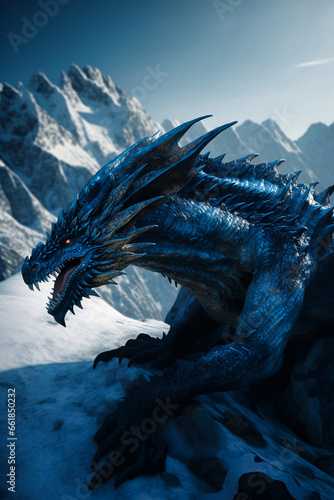 A wonderful blue dragon in a snowy mountain