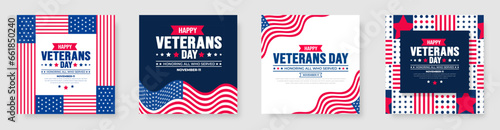 happy Veterans Day social media post banner design template set with american flag. Honoring all who served. background, banner, placard, card, and poster design template. Vector illustration.