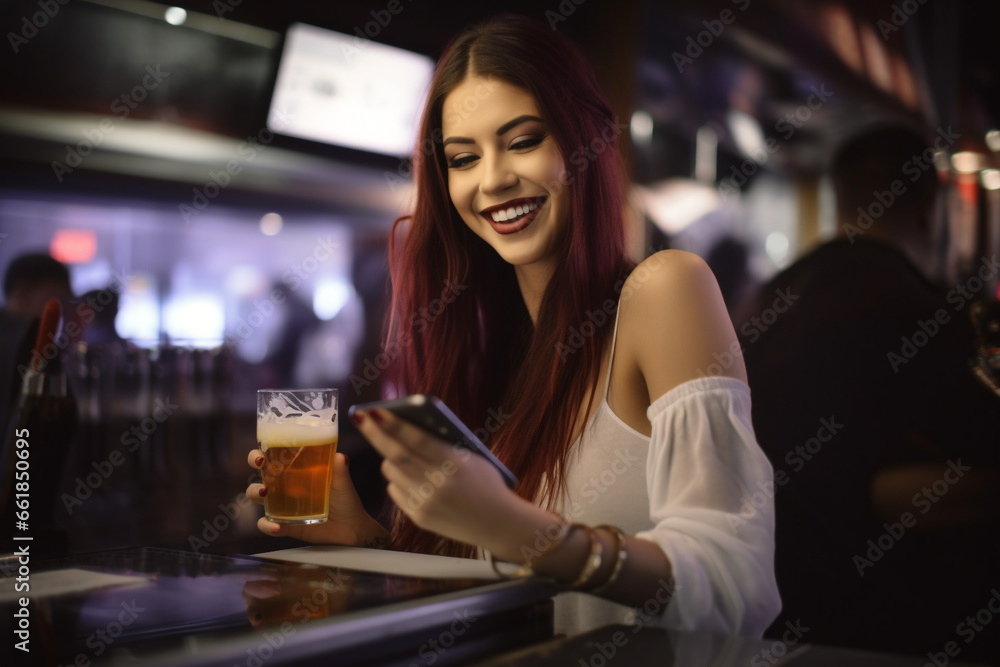 Woman at a Nighttime Bar, Looking at Her Smartphone and Laughing While Drinking a Beer