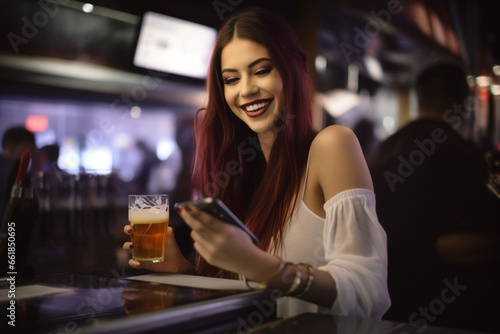 Woman at a Nighttime Bar  Looking at Her Smartphone and Laughing While Drinking a Beer