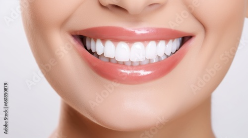 Advertising procedure whitening smile on a white background. Professional teeth whitening concept.
