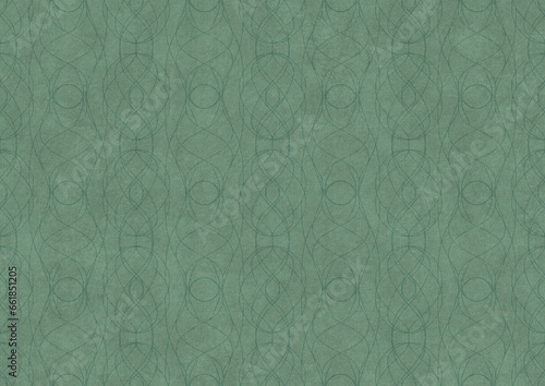 Hand-drawn unique abstract symmetrical seamless ornament. Dark semi transparent green on a light cold green background color. Paper texture. A4. (pattern: p10-1c)