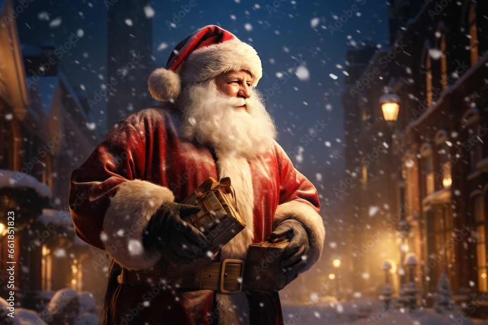 santa claus with gifts on a snowy winter night illustration