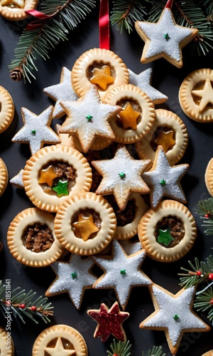 Photo Of Christmas Pine Tree Adorned With Mince Pies, Tinsel, And Star-Shaped Cookies
