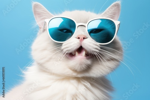 white cat with blue glasses smiling isolated on blue background