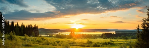 sunset over the lake countryside panorama