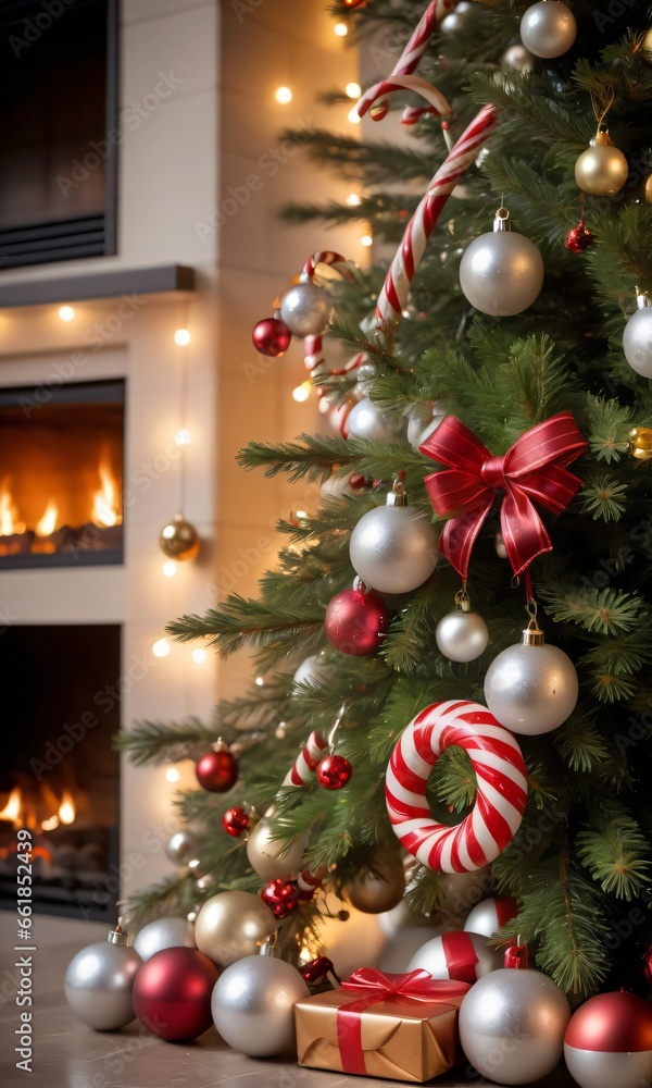 Photo Of Christmas Pine Tree Branches Decorated With Jingle Bells And Candy Canes Against The Soft Glow Of A Fireplace Photo Of Christmas Pine Tree Branches Decorated With Jingle Bells And Candy Canes Against The Soft Glow Of A Fireplace