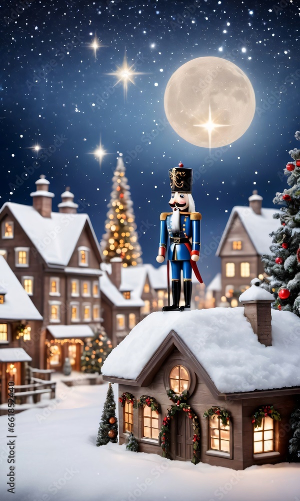 Photo Of Christmas Snowy Village With A Nutcracker Statue And Mistletoe Decorations Against A Backdrop Of A Starry Sky