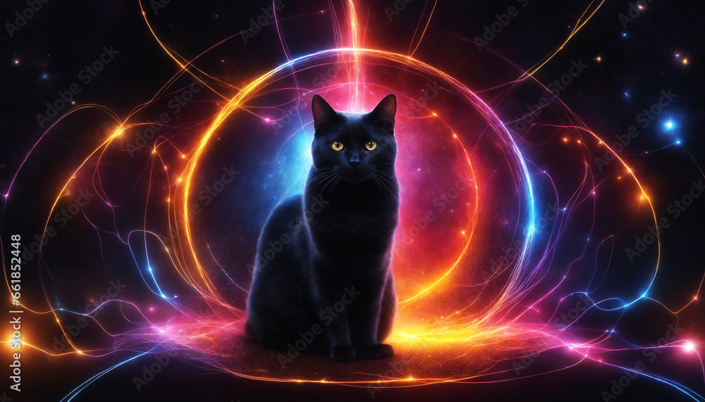 Mystical Black Cat Posing Against a Vibrant, Magical Background