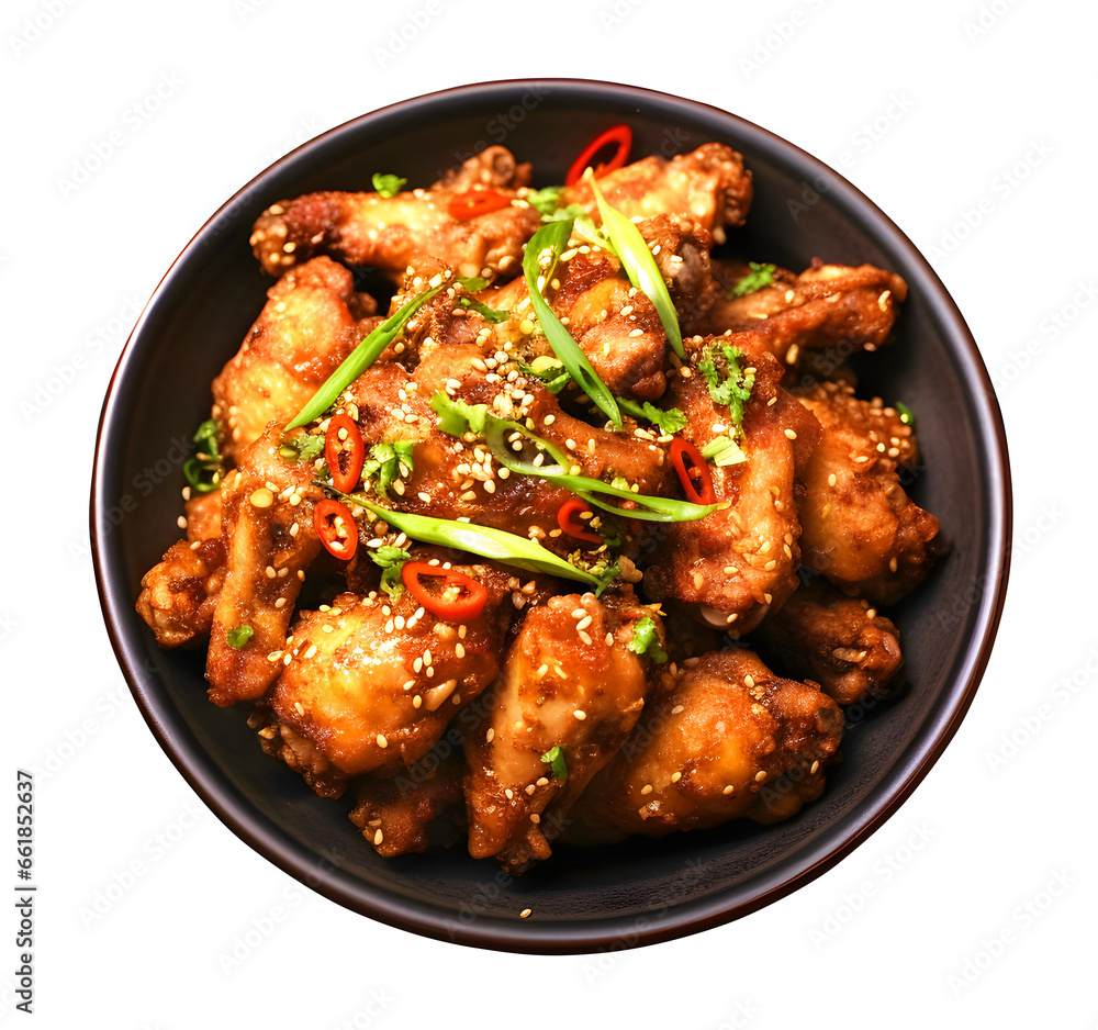 Spicy fried chicken with spices, Stir fry salt and pepper chicken with red, green chilli, garlic, sesame, spring onion in a plate