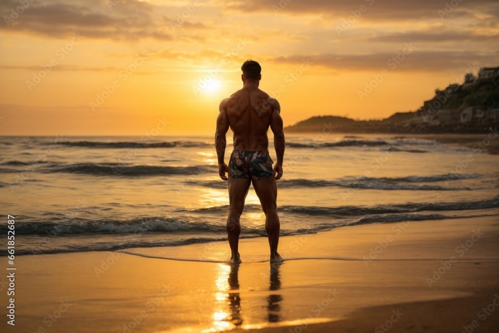 person walking on the beach at sunset - Silhouette of an Adult at Sunset on the Beach - muscle guy on a beach 