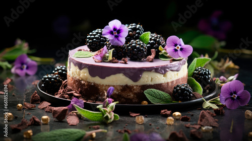 Delicious fresh blackberry cake with cream cheese on a dark background