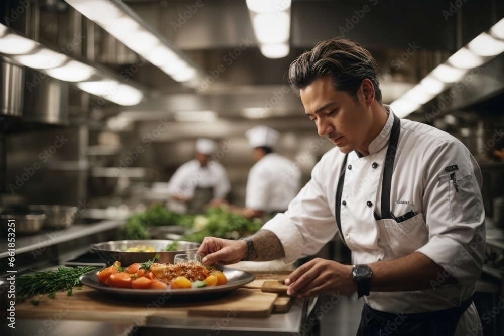 chef at restaurant preparing a meal - Experienced Chef Concentrating on Food Preparation in Restaurant Kitchen chef at restaurant preparing a meal - Experienced Chef Concentrating on Food Preparation in Restaurant Kitchen