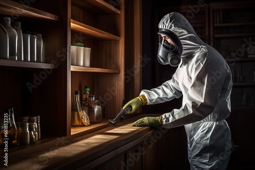 In a well-lit living room, a confident pest control specialist, wearing protective gear, carefully inspects a wooden shelf