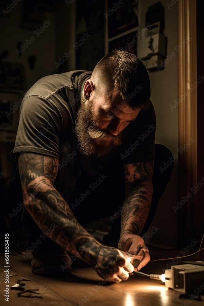 an electrician, with tattoos works on a wall socket using a multimeter.