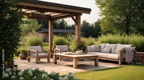 Garden lounge, rural home patio decoration, minimalist design. © Zahid