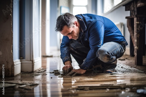 In the aftermath of a flood, a professional restoration expert, wearing a blue uniform and protective gloves, inspects a damaged wooden floor in a home living room