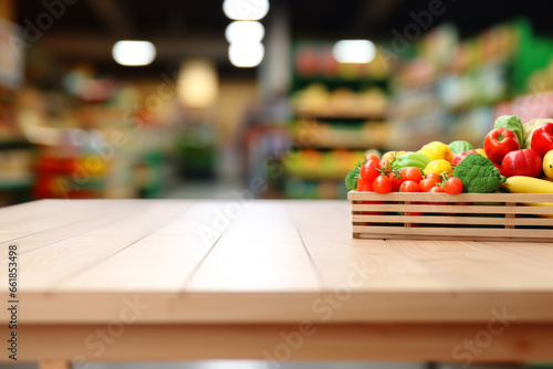 Top of surface wooden table with blurred grocery store  background. © Golden House Images