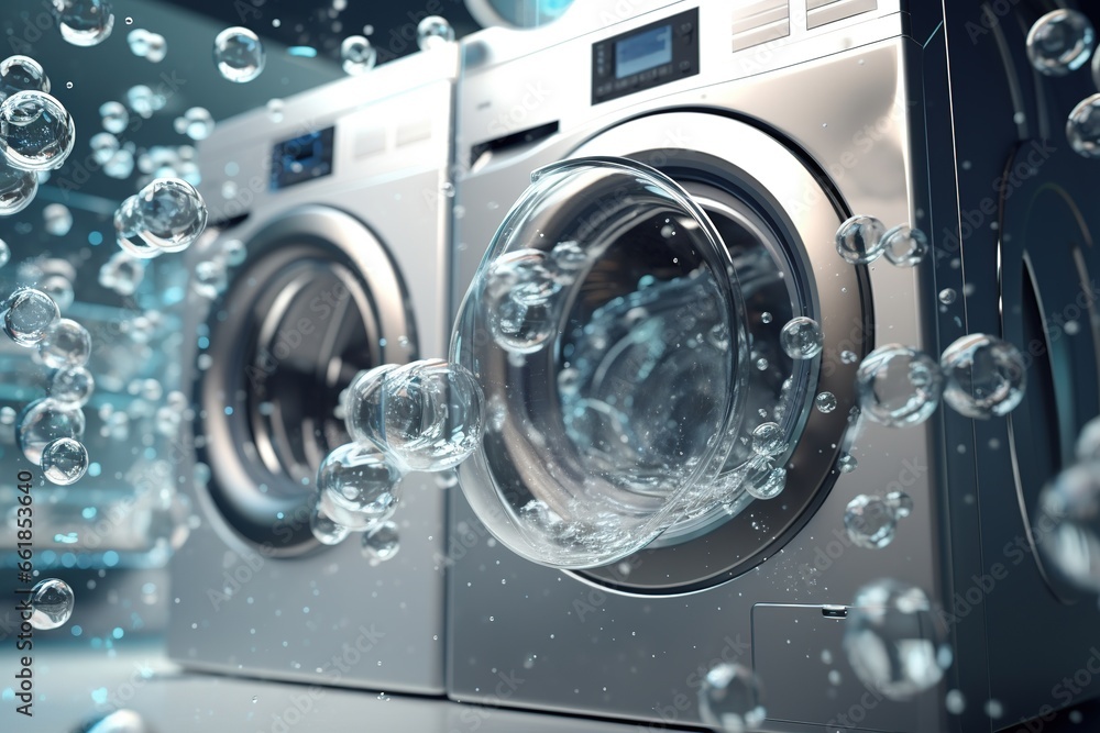 Inside an elegantly designed laundry room, a modern washing machine