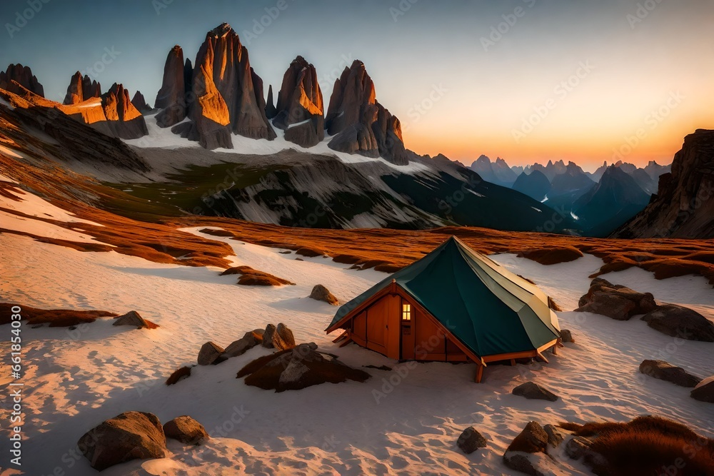 Cute mountain shelter and Tre Cime di Lavaredo peaks in background at sunset. Famous hiking and accommodation place in the Dolomites, Italy, Europe