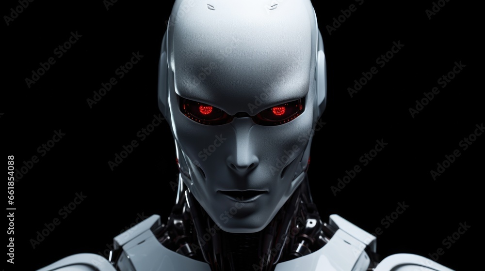 A menacing humanoid robot, the harbinger of war, looms ominously, igniting chaos and destruction A menacing humanoid robot, the harbinger of war, looms ominously, igniting chaos and destruction