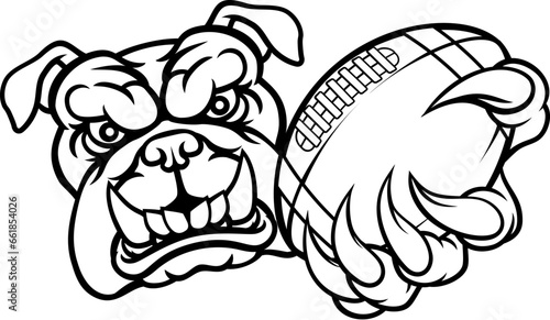 A bulldog dog animal sports mascot holding American football ball