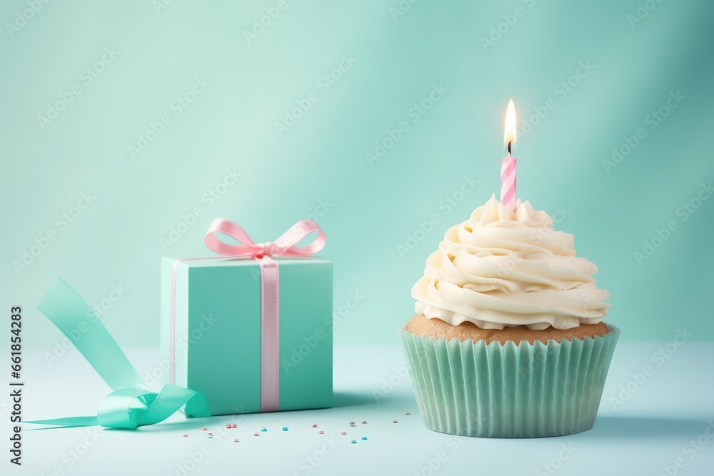 Cute birthday cupcake and gift box on table on pastel background, space for text Cute birthday cupcake and gift box on table on pastel background, space for text
