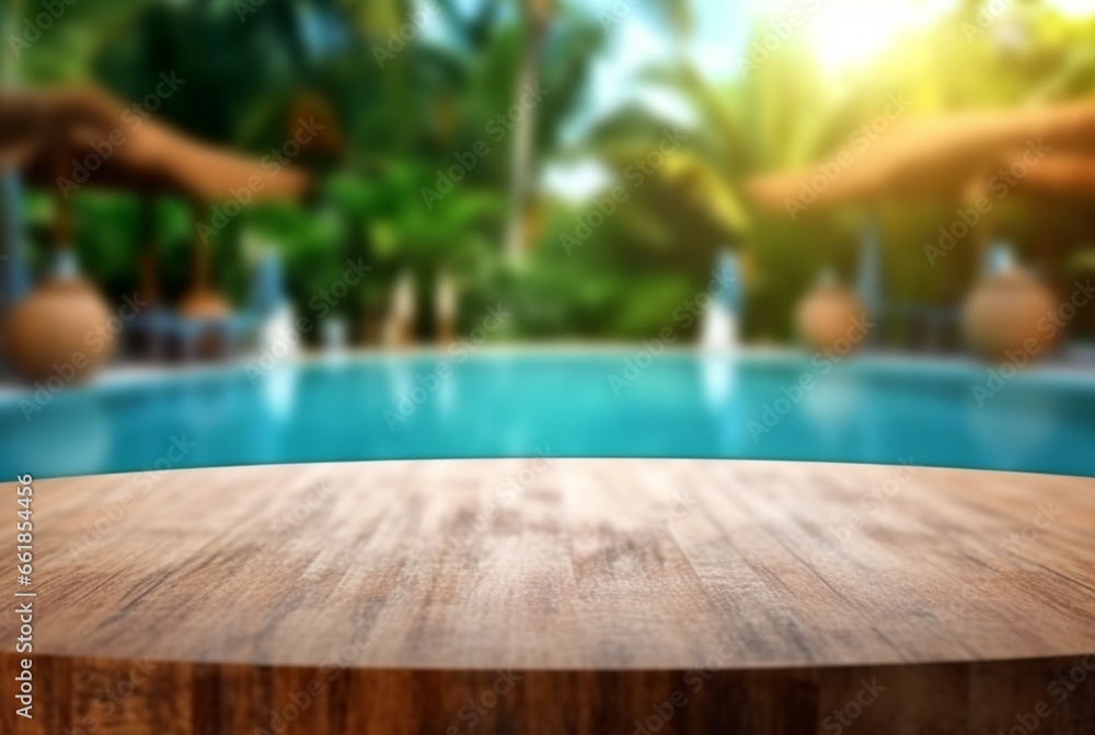 empty wooden table with blurred background of swimming pool and sunlight, for podium product display. generative ai empty wooden table with blurred background of swimming pool and sunlight, for podium product display. generative ai