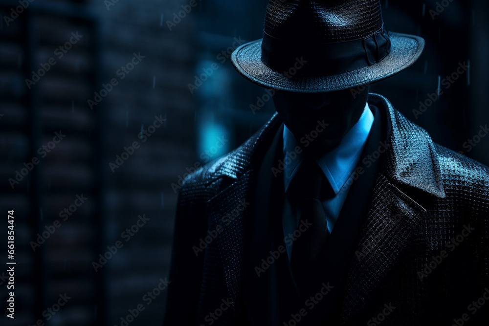 In a dark, anonymous photo concept focused on business term, a man in a mysterious black suit embodies an enigmatic aura. - obrazy, fototapety, plakaty 