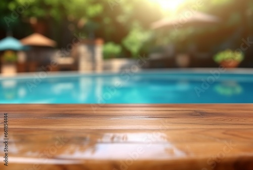 empty wooden table with blurred background of swimming pool and sunlight, for podium product display. generative ai