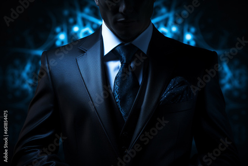 In a dark, anonymous photo concept focused on business term, a man in a mysterious black suit embodies an enigmatic aura. photo
